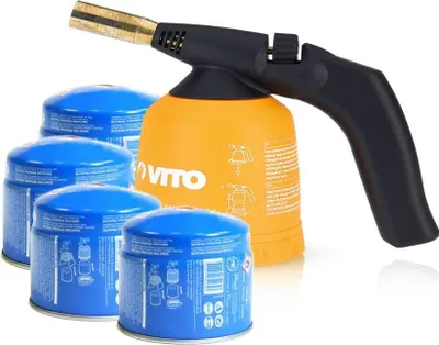 Image de Lampe a souder à gaz ABS Allumage piezo + 4 Cartouches de gaz 190gr Perçables VITO