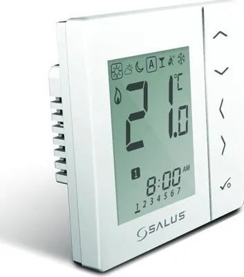 A white digital thermostat is shown at an angle against a white background.