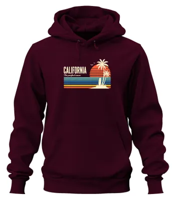 Immagine prodotto di California. Felpa con cappuccio "Retro Sunset Surfboard", colore bordeaux, taglia XL