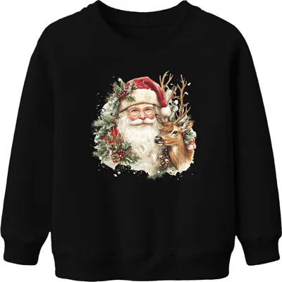 Produktbild von Weihnachtsmann Rentier Weihnachtsgeschenk Nostalgie Vintage Retro Uni Kinder Sweatshirt Pullover, Schwarz, 152