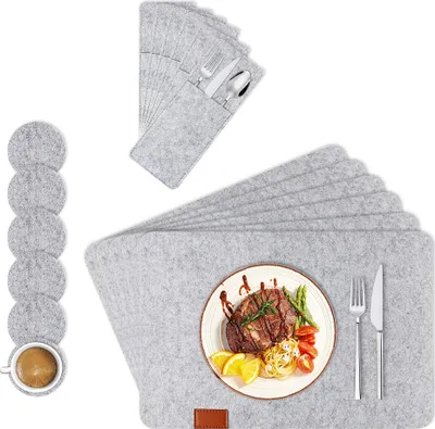 Produktbild von Filz Tischsets 18-er Set mit Untersetzer Set Besteckbeutel Hitzebeständig Rutschfest für Home Restaurant Hotel, Grau