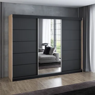 Produktbild von Schwebetürenschrank 200 cm, 3-türig, mit Spiegel & 4 Schubladen, Retro-Stil, modern, in Weiß/Schwarz/Sonoma – Kleiderschrank VILUNO 4
