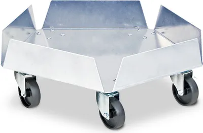 Produktbild von Transportroller Edelstahl, für Kunststofftonnen mit Ø 420 mm, Tragkraft 250 kg, mit verzinkten Lenkrollen und 5 schwarzen Kunststoffrädern Ø 75 mm