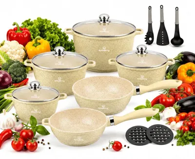 Produktbild von KlönBerg 17-teiliges Kochgeschirrset aus Keramik und Marmor mit Küchenzubehör | Induktionskochgeschirrset | Beschichtete Töpfe und Pfannen | Kochgeschirrset | Kochgeschirr- und Pfannenset | Induktion | Topf | Pfanne | Für alle Herdarten geeignet | KB4075