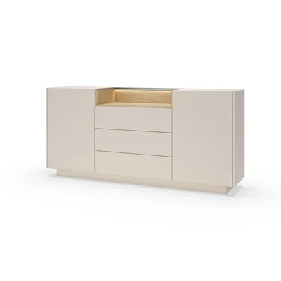Produktbild von BETTSO Kommode 176 cm KIRO zweitürig mit Schubladen und LED-Beleuchtung – Beige / Cremona Eiche