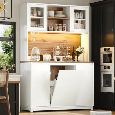 Produktbild von okwish Küchenschränke mit LED und Acryltüren,Sideboards, Hochschrank mit offenen Ablagefächern, Aufbewahrungsschrank für Küche in Weiß