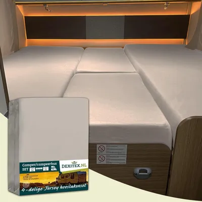 Produktbild von Dexitex Jersey Spannbettlaken 4er Set für Wohnmobil & Caravan – Einzelbett / Mittelmatratzen – Baumwolle sand – MultiFit®