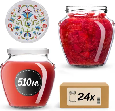 Zdjęcie produktu dla Słoiki do wekowania KADAX 510 ml z zakrętką fi82mm, słoiki z zakrętką, słoiki do wekowania, słoiki do przechowywania miodu, owoców i warzyw, słoiki do wekowania (kwiaty, 24 sztuki)