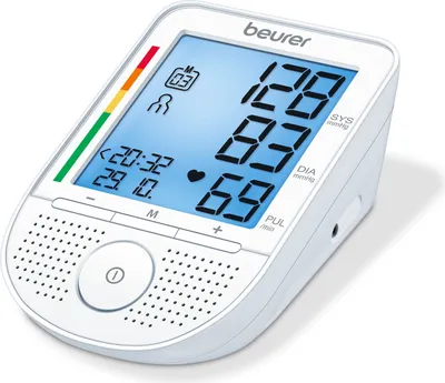 A white Beurer blood pressure monitor is shown against a white background.