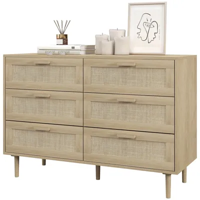 Immagine prodotto di Cassettiera 6 Cassetti Stile Boho per Soggiorno e Camera da Letto 110x40x75 cm in Legno e Rattan Naturale