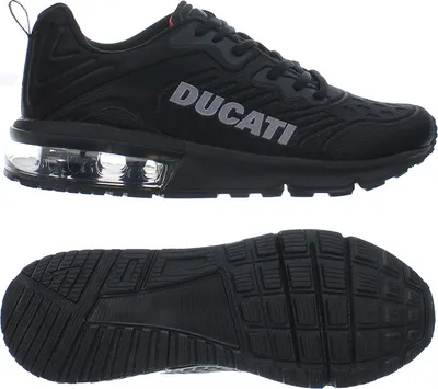 A pair of black Ducati branded sneakers shown from the side and the sole view.
