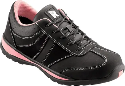 A single black and pink safety shoe is shown against a white background.