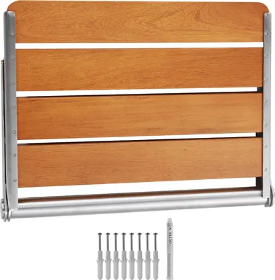A wall-mounted folding shower seat made of teak wood and metal.
