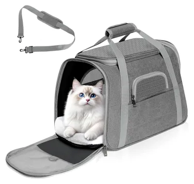 Produktbild von Katzentransportbox für kleine Katzen und Hunde bis 6 kg, Transporttasche mit Schultergurt, Grau