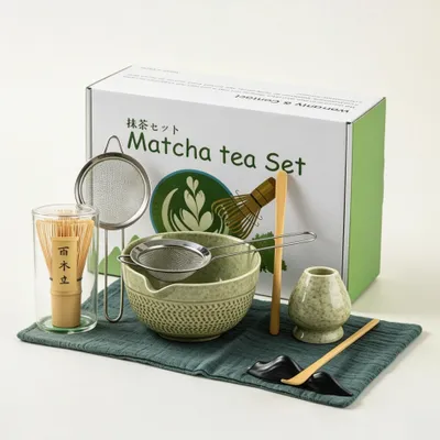 Produktbild von 7-Teilig Japanisches Matcha Set Tea , Keramik, Bambus Matcha Schneebesen, handgemachte Schale, Wabi-Sabi ,Tee Liebhaber ,Teezeremonie ,Geschenk Set