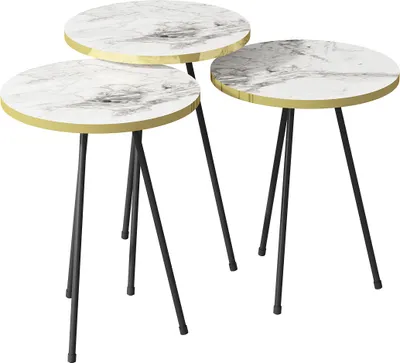 Produktbild von 3er Set Beistelltische in weißer Marmoroptik, schwarze Metallfüße, 6245