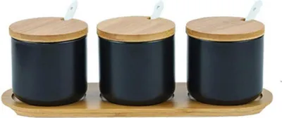Image de Set de boîtes à épices en céramique avec couvercle en bambou et cuillère, 260ml, 3 pièces