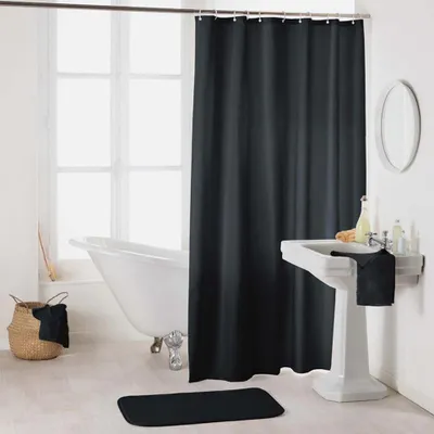Image de Rideau de douche en polyester uni avec crochets - L 200 x l 180 cm - Noir