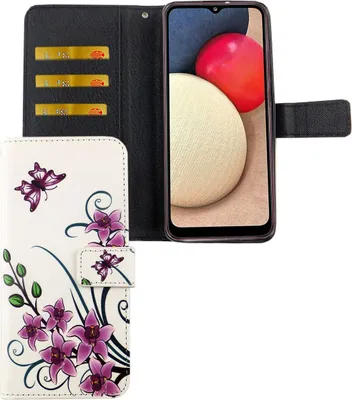 A flip-style phone case is shown open, displaying the inside with card slots and the phone screen. The exterior of the case is visible, featuring a floral and butterfly design.