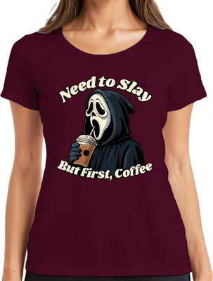 Immagine prodotto di Ma prima il caffè Sensenmann Halloween Kaffee Gothic Lustig Grusel Damen Maglietta, Borgogna, L