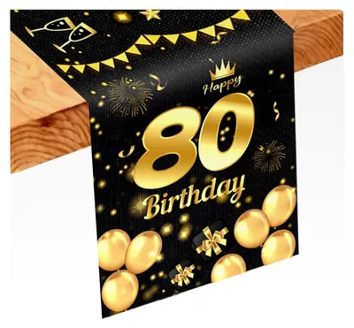 Produktbild von Tischläufer zum 80. Geburtstag, Schwarz-Goldene Tischdecke, Leinen Tischläufer für 80-Jährige, Feier, Party, Dekoration (186 x 34 cm)