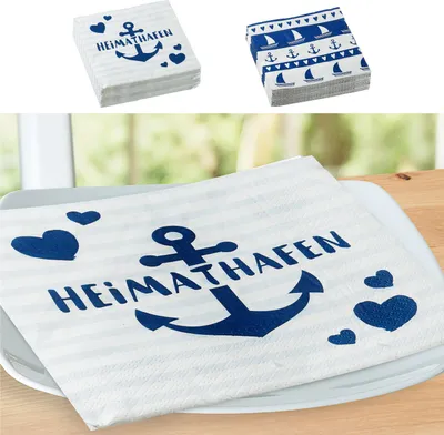 Produktbild von Servietten "Maritim" 80er Set 3lagig 2 verschiedene Motive Papierserviette Motivserviette stoffähnlich Tuch