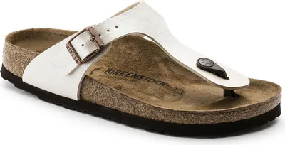 A single Birkenstock sandal is shown from a slightly elevated side angle against a white background.