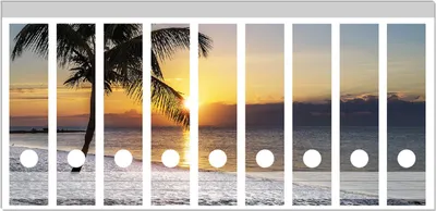 Produktbild von Wallario Ordnerrücken Sticker, selbstklebend für breite Ordner, 9 Stück, Motiv Palme am Strand - Sonnenuntergang über dem Meer