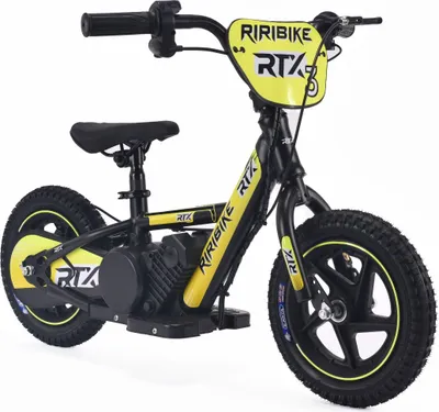 Image de Vélo électrique pour enfants RIRIBIKE RTX3 24V (12"), jaune, batterie au lithium, moteur 100W, frein à disque, siègePolyuréthanesouple réglable