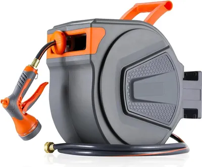 Produktbild von Gartenschlauch-Aufroller - Automatisch wandmontiert - 30 m Schlauch + 2 m Zuleitung - UV-beständiges PVC - 9-fach Sprühdüse - Grau/Orange