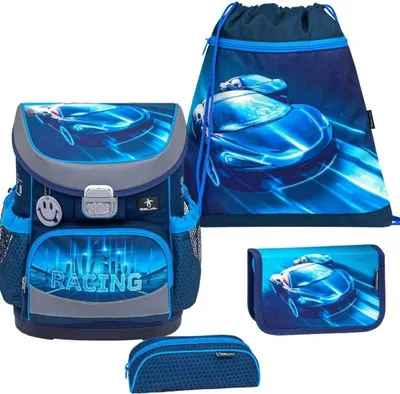 Produktbild von Belmil Mini-Fit ergonomisches Schulranzen-Set 4-teilig "Racing Blue Neon" mit Brustgurt
