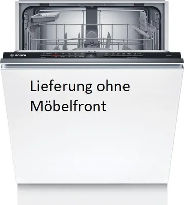 A white dishwasher with its door open, showing the interior racks. Text is overlaid on the door.