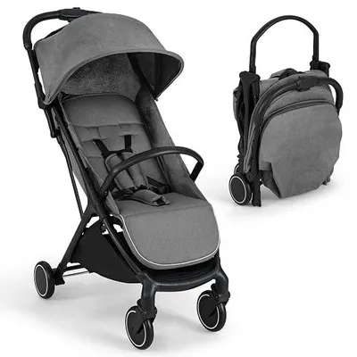 Imagen del producto de Cochecito plegable, carrito de bebé con toldo ajustable, cinturón de seguridad de 5 puntos, carrito de viaje con respaldo reclinable, cesta de almacenamiento, cochecito para bebés hasta 15 kg (gris)