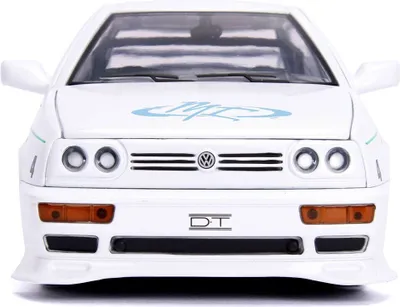 Front view of a white Jada Fast&Furious 1995 Volkswagen Jetta 1:24 scale model car.
