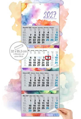 Produktbild von 4 Monatskalender 2027 Aquarell Splash Bunt Watercolor 32x95,5 cm Datumsschieber Ferien Metallöse