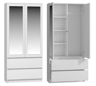 Two views of a white wardrobe with mirrored doors and drawers, one showing the exterior and the other showing the interior.