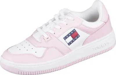 A single pink and white sneaker is shown against a white background.