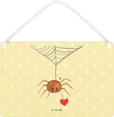 Produktbild von Mr. & Mrs. Panda Holzschild Spinne Agathe Liebe DIN A5 - Gelb Pastell - Geschenk, Liebesbeweis, Wandbild Holz, Verliebt, Schild, Türschild, Liebesgeschenk, wandtafel