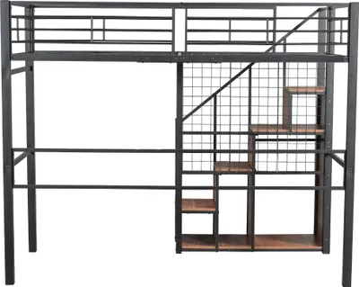 Produktbild von Merax Etagenbett 90x200cm mit Treppe und Kleiderstange, Hochbett mit Staufach und Geländer, Kinderbett mit Lattenrost, Jugendbett Metallbett, Schwarz