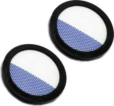 Two round filters with black rims and a diagonal split of white and blue mesh.