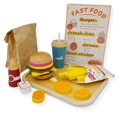 Produktbild von Kabi Holz-Fast-Food-Set Burger mit Zubehör – 26 Teile (Burger mit 8 austauschbaren Schichten, Pommes, Chicken, Getränk, Menükarte) – ab 3 Jahren, CE & EN71