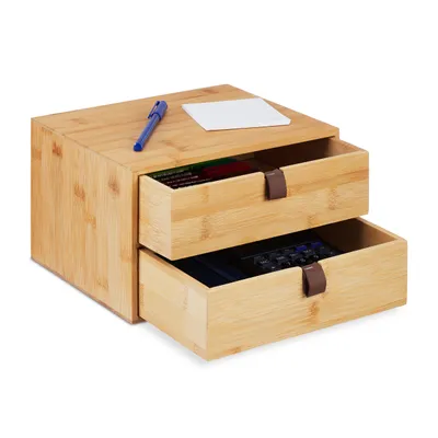 Image de Organiseur de bureau Relaxdays, meuble de rangement à 2 tiroirs, en bambou, dimensions : 14,5 x 25 x 20 cm, couleur naturelle