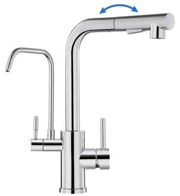 Image de Robinet de cuisine à 3 voies avec filtre, extractible, pivotant à 360°, à deux leviers, en acier inoxydable 304, bec en forme de L, finition chromée