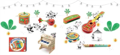 A collection of children's musical instruments and toys arranged on a white background, with decorative string lights overhead.