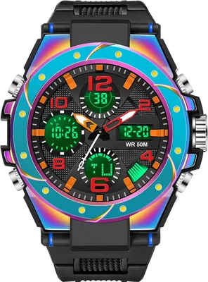 Produktbild von Herren Militär Sportuhr Analog Digital 5ATM Wasserdicht mit Dualzeit, Stoppuhr, Wecker, Kalender, LED Display Rot Schwarz