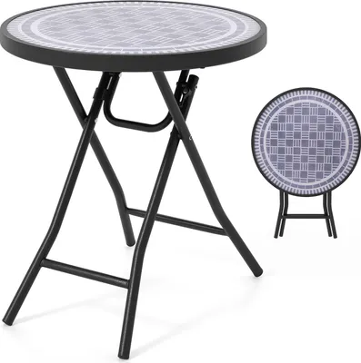 A round folding table with a patterned top and black metal legs is shown from the front. A smaller, folded version of the table is shown to the right.