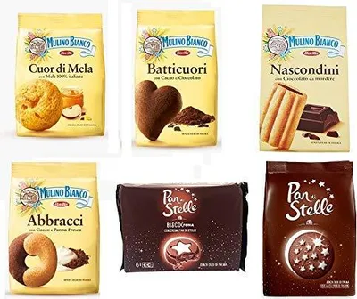 Produktbild von TESTPAKET Mulino Bianco Kekse Italien cookies 6 Vielzahl von Keksen Biscocrema Pan di Stelle Abbracci Batticuori Nascondini Cuor di mela