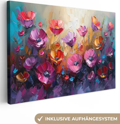 Produktbild von MuchoWow® - Leinwandbilder - Blumen - Lila - Farbenfroh - Handbemalt - Kunst, Wandbild, Wanddeko Bilder Wohnzimmer, 90x60 cm