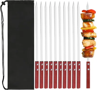Imagen del producto de Brochetas de acero inoxidable, de 40 cm de longitud, con un juego de 10 unidades, con mango de madera resistente al calor, ideales para barbacoas y camping