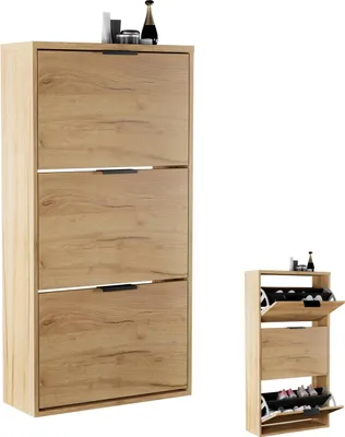 Produktbild von Planetmöbel Schuhschrank schmal 3 Klappen Schuhregal mit 6 Ablagen, gold eiche